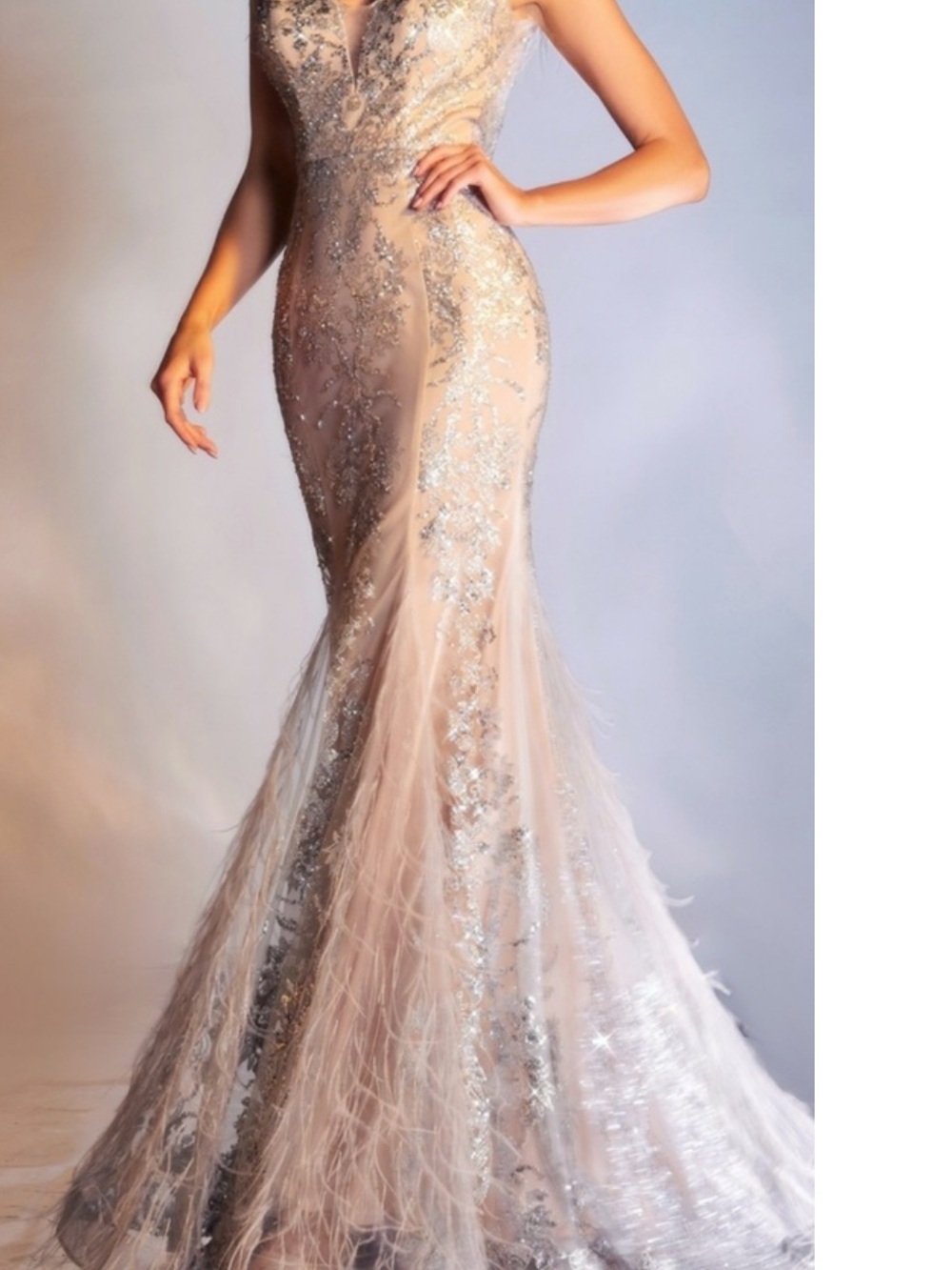 Elegant Nude Beaded Mermaid Evening Gown